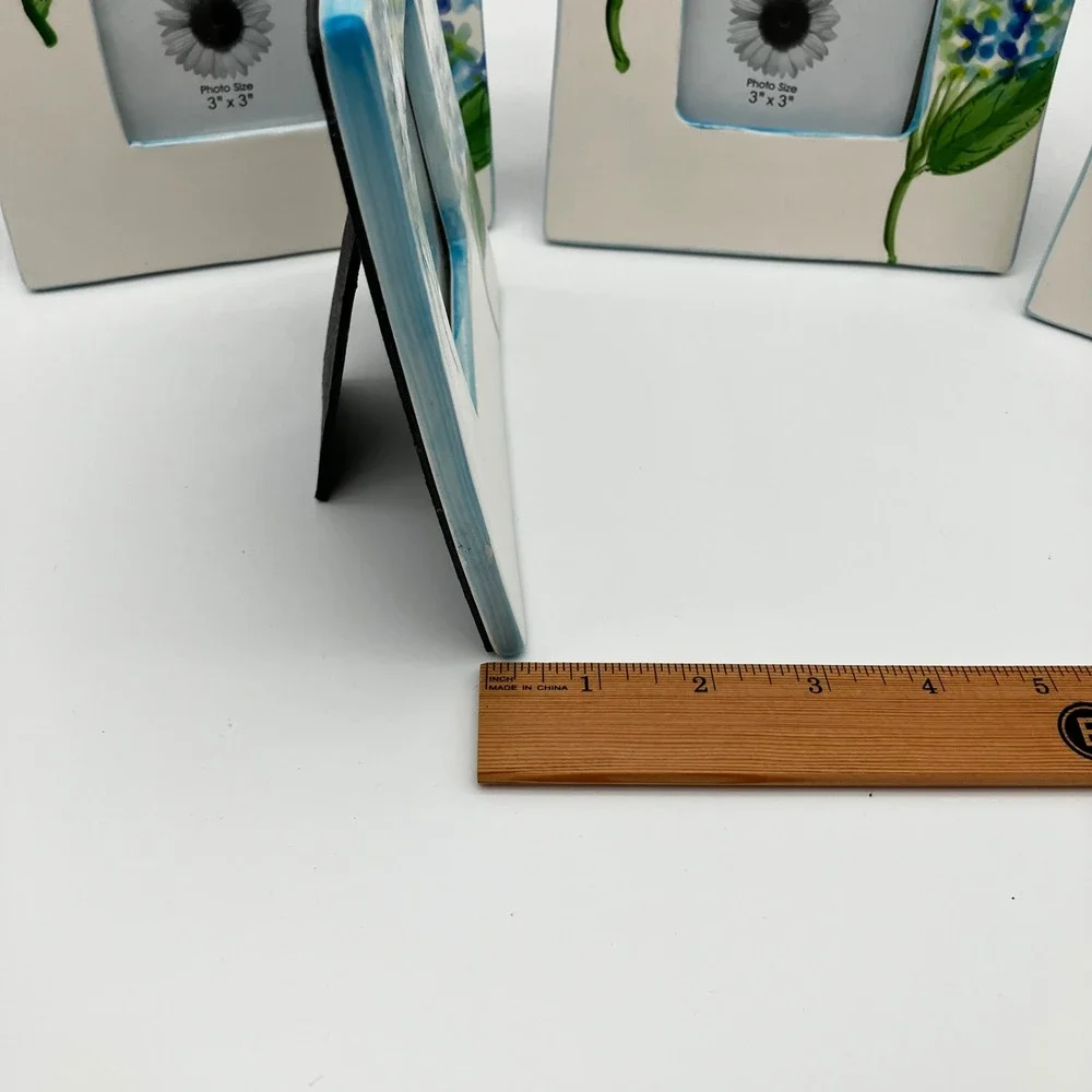 Tradewind Bay Photo Frame Set 4 3x3 White Blue Hydrangea Ceramic Floral